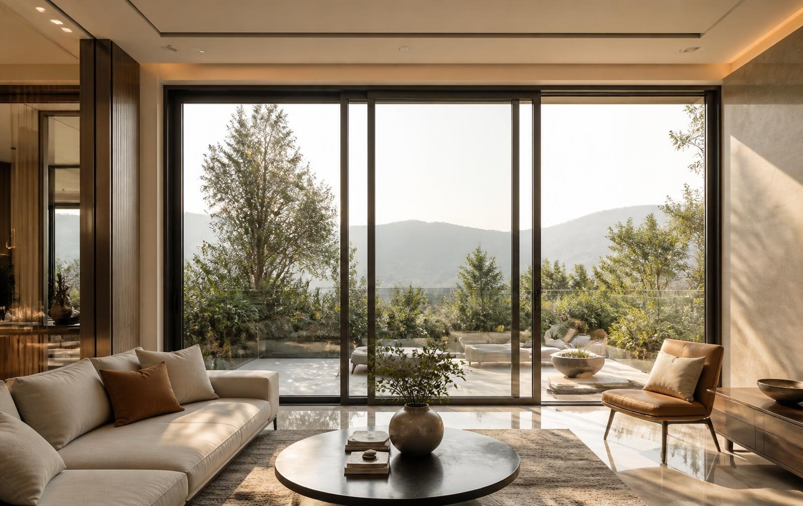 Modern interior with large aluminium sliding windows